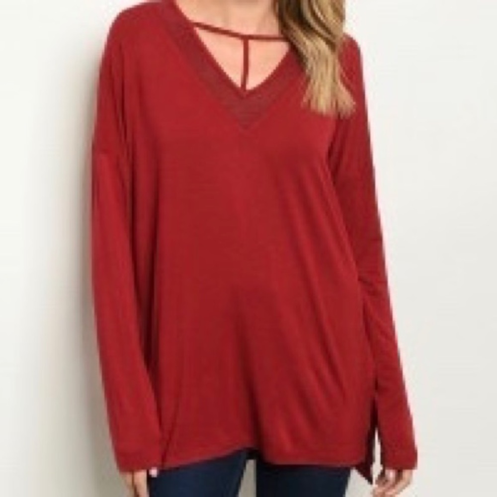 LoveRiche Red T-collar high Low Long sleeve Tunic